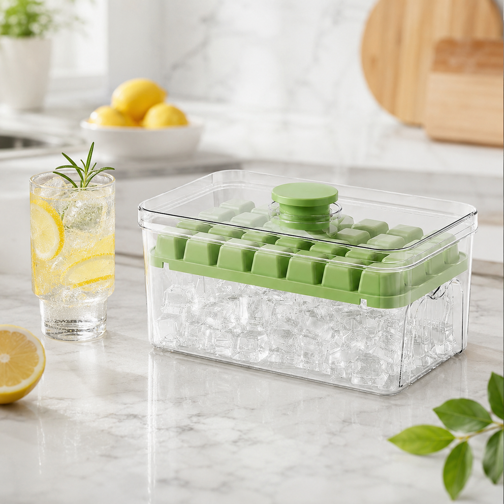 Verre de limonade glacée servi à côté du bac à glaçons Glacivo