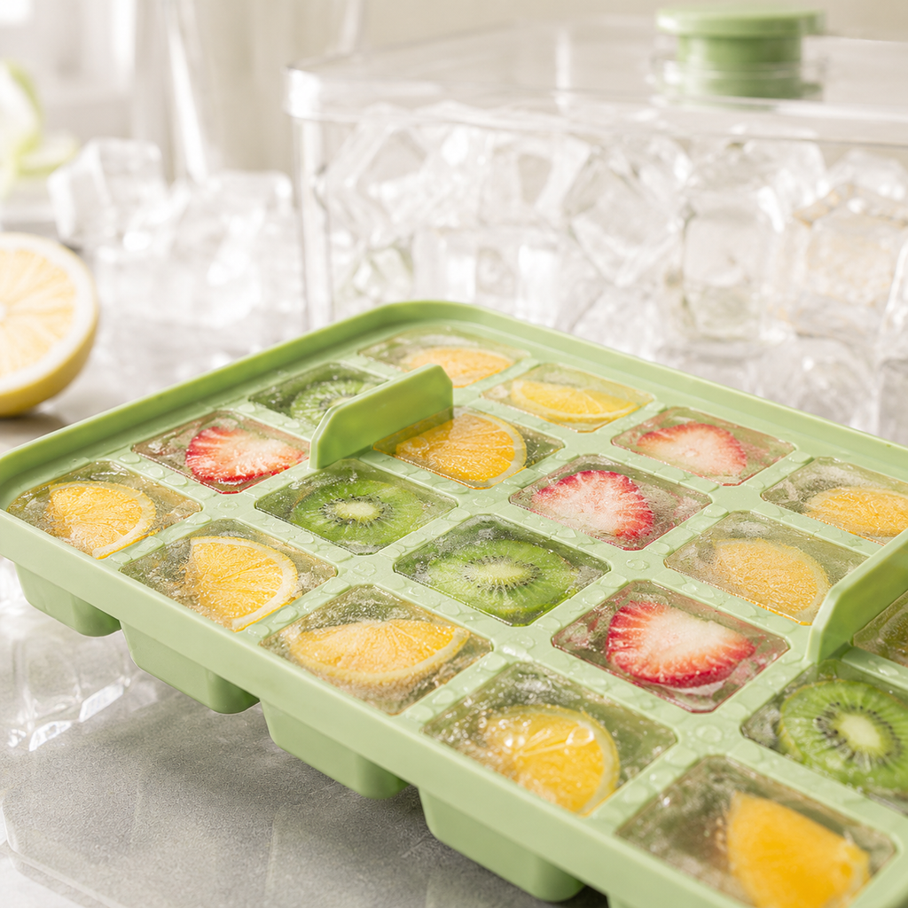 Bac en silicone Glacivo rempli de glaçons infusés aux fruits, avec la pelle de service