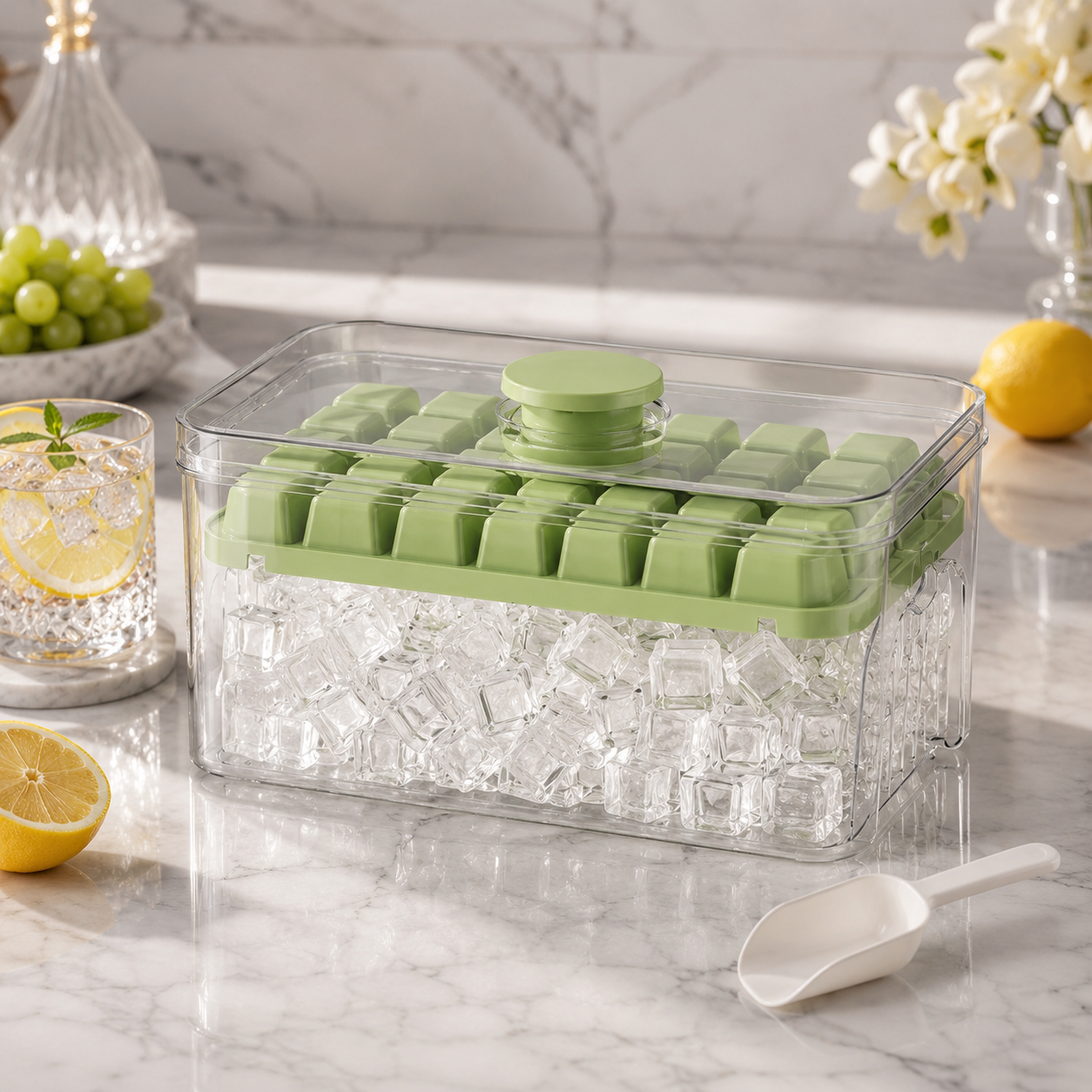 Boîte Glacivo remplie de glaçons, stylée avec citron et raisin frais sur marbre