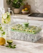 Bac à glaçons Glacivo dans une cuisine lumineuse avec carafe d'eau infusée citron-concombre et glaçons menthe