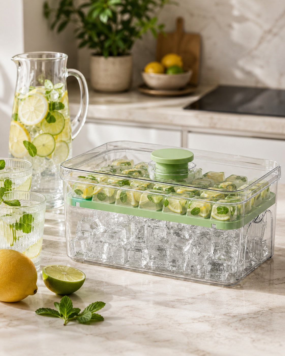 Bac à glaçons Glacivo dans une cuisine lumineuse avec carafe d'eau infusée citron-concombre et glaçons menthe