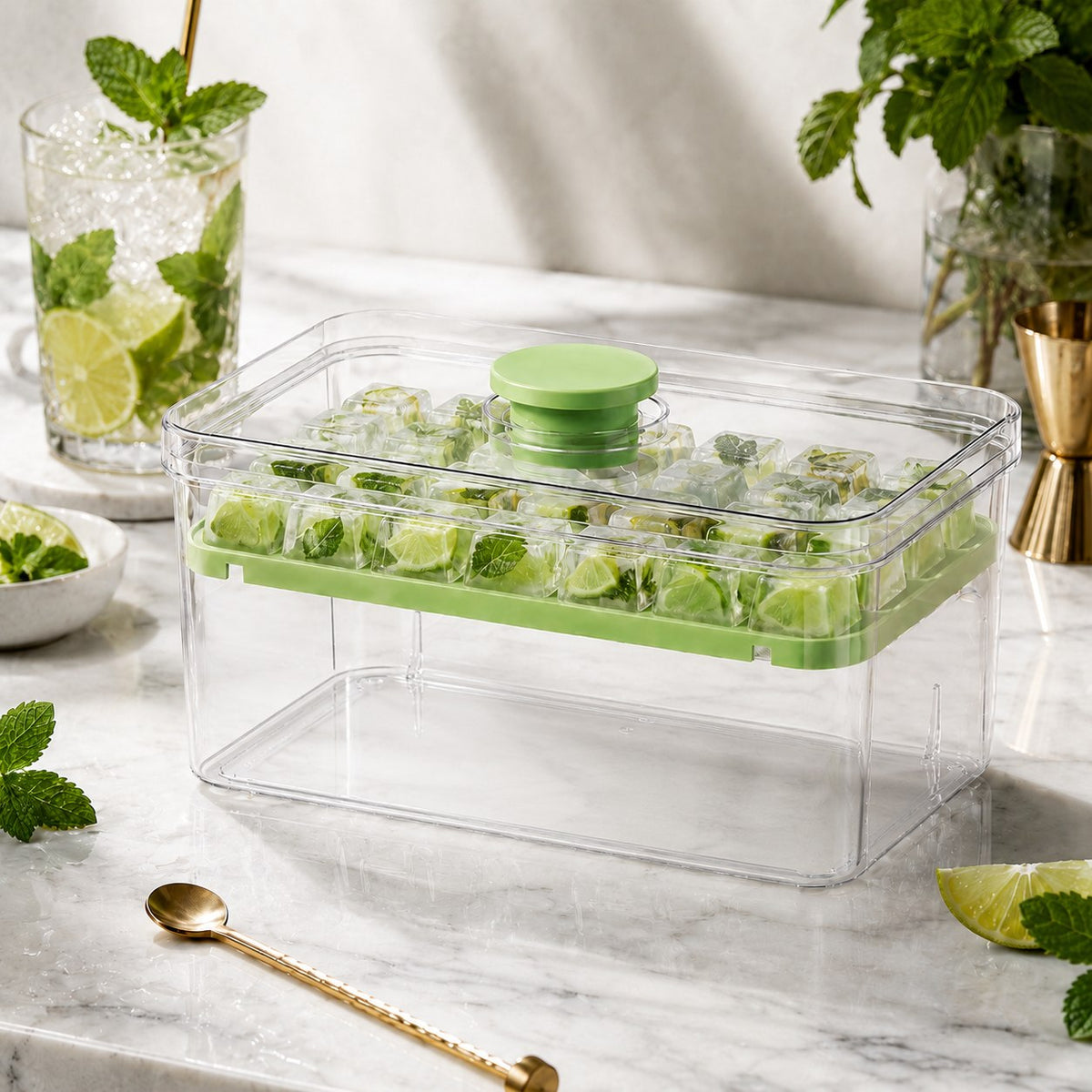 Bac à glaçons Glacivo sur un plan de travail en marbre avec mojito et glaçons menthe-citron vert