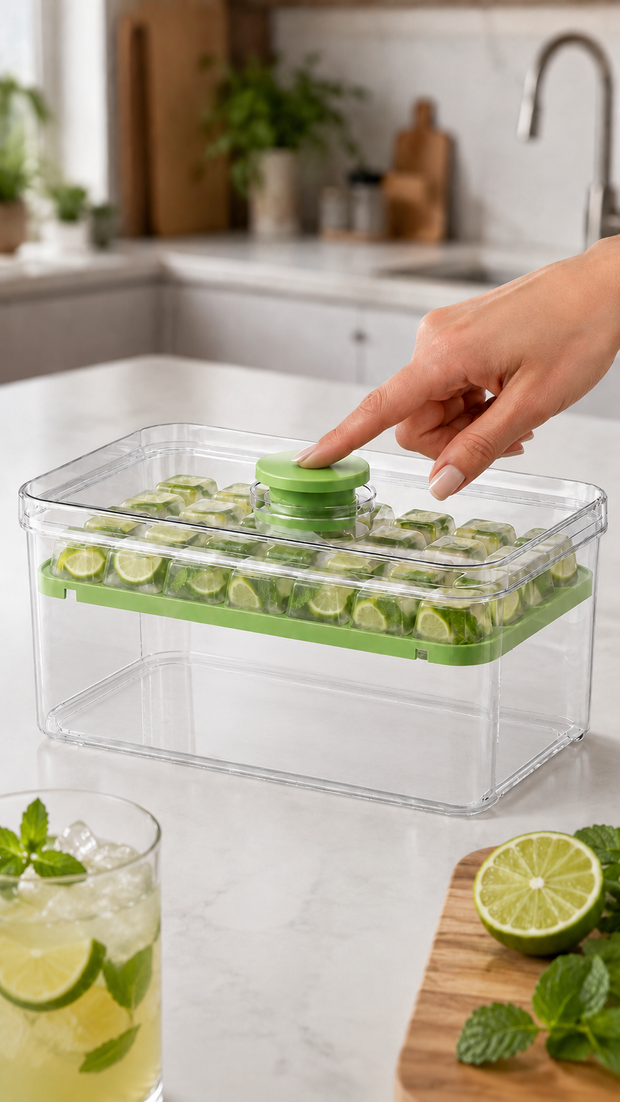 Une pression sur le couvercle Glacivo libère les glaçons menthe-citron vert pour un mojito